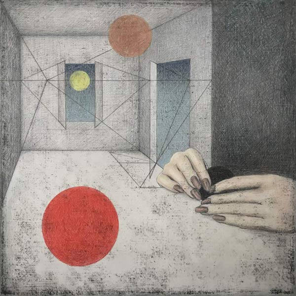 De materie, acrylverf en kleurpotlood op paneel, 30 x 30 cm, 2022