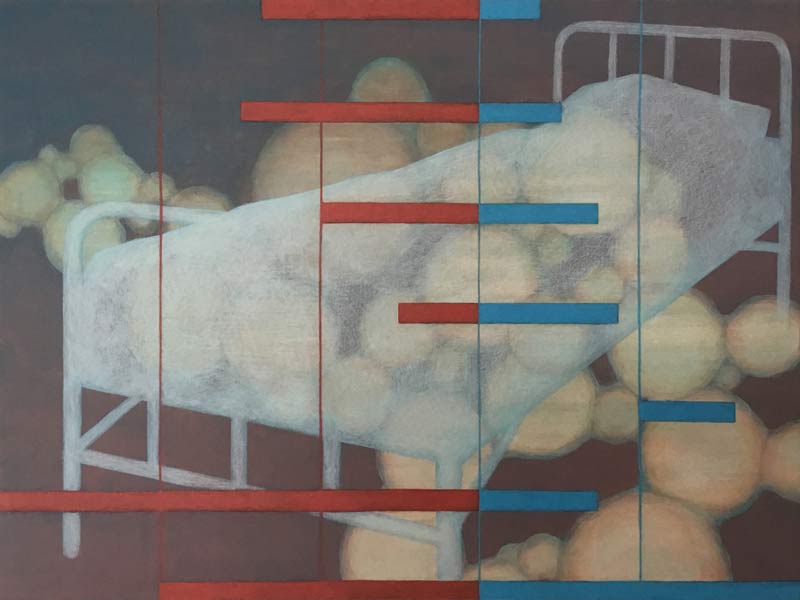 Morgen gaat het beter, acrylverf en kleurpotlood op paneel, 30 x 40 cm, 2024