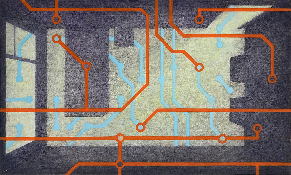 Connecties met vroeger, de kamer van mijn jeugd, acrylverf en potlood op paneel, 30 x 50 cm, 2026