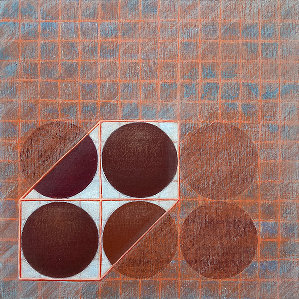 Verandering van structuur 1, acrylverf en kleurpotlood op paneel, 15 x 15 cm, 2026