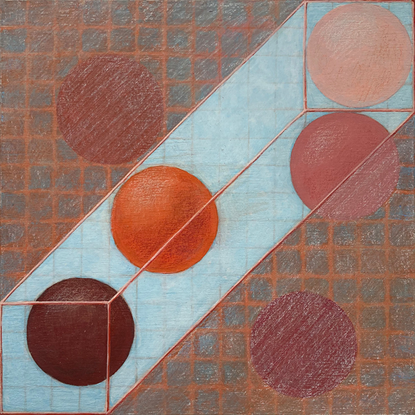 Verandering van structuur 3, acrylverf en kleurpotlood op paneel, 15 x 15 cm, 2026