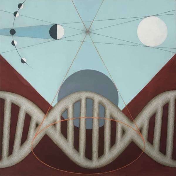 Overvallen door het noodlot, acrylverf en kleurpotlood op paneel, 30 x 30 cm, 2023