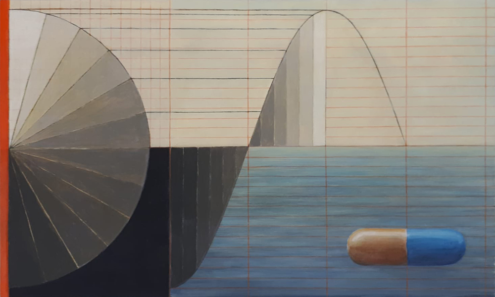 Monitoring 1, acrylverf en potlood op paneel, 30 x 50 cm, 2025